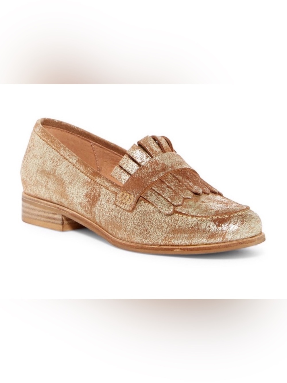 Seychelles Bevy Kiltie Metallic Gold Leather Fringe Block Heel Loafers Size 7.5